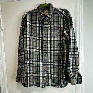 L. L. Bean Mens XL Reg Flannel Plaid Gray Black Yellow Button Up. Thick Warm.